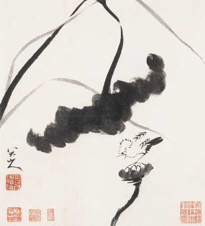 朱耷 荷花小鸟 镜心